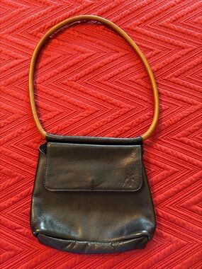 Frye Black Leather Shoulder Bag with Tan Round Handle